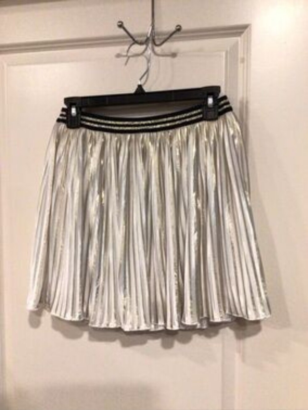 Tommy Hilfiger Metallic Silver Pleated Skirt with Navy Waistband